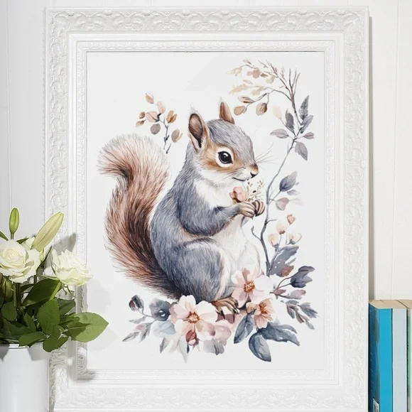 Watercolor Floral Squirrel Portrait Wall Art Illustration Print Poster Unframed - Picture 8 of 9